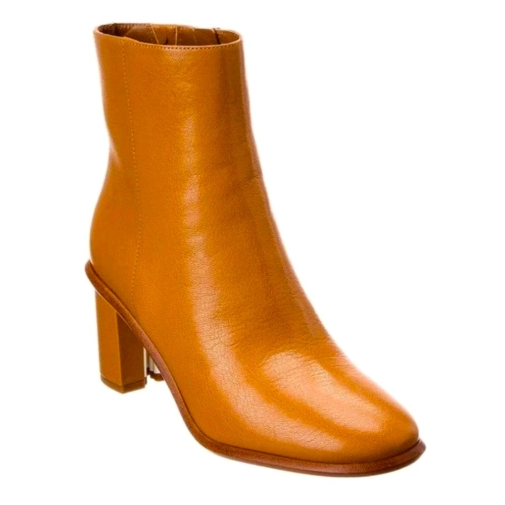 TORY BURCH BROOKE STAMPED HEEL ROUND TOE LEATHER BOOTIE IN CARAMEL CORN - 9 - Picture 2 of 16